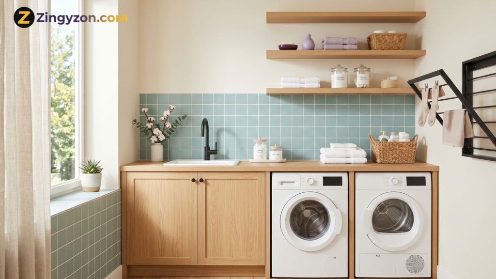 Modern bathroom and laundry room with washer dryer, towels, baskets, shelves, and clean storage.