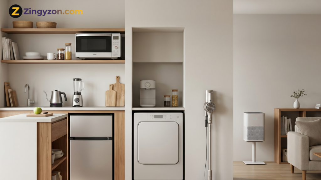 Compact home appliances arranged neatly inside a stylish modern small apartment