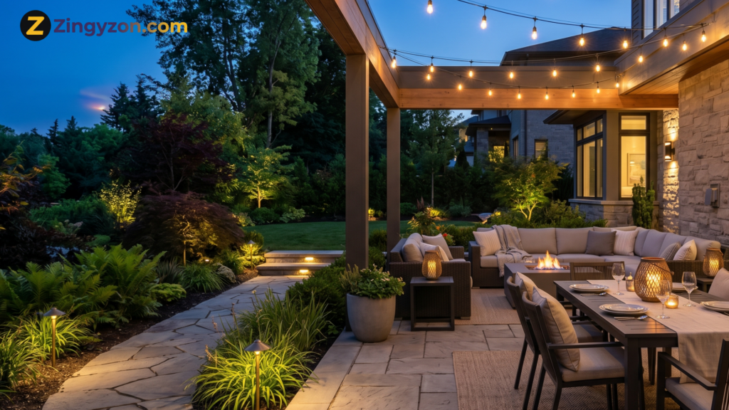 Modern patio illuminated with warm string lights, lanterns, step lights, and landscape lighting