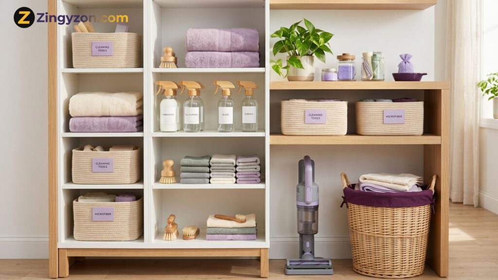 cleaning and organization tips for home with storage baskets and tidy shelves