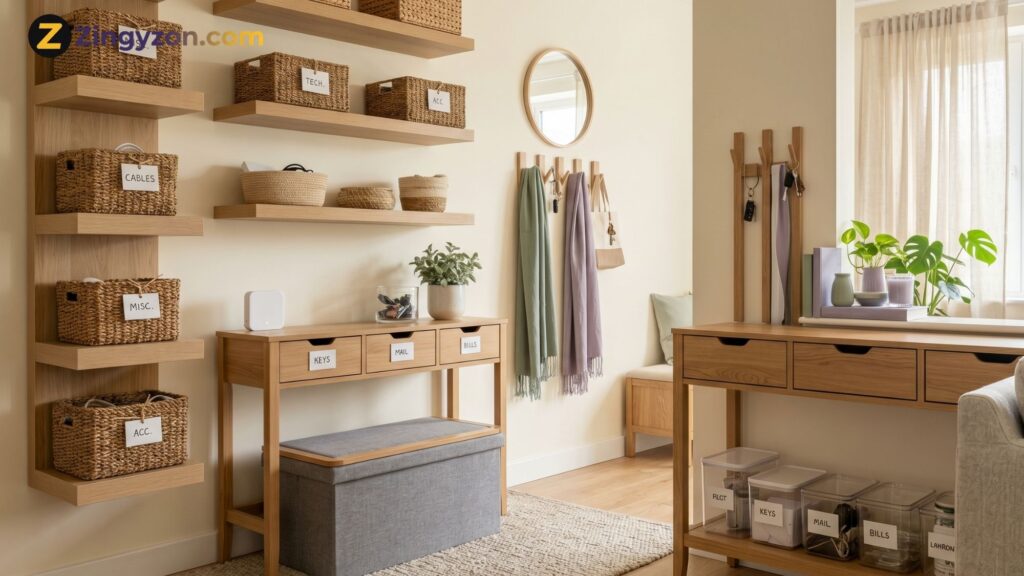 Home organization ideas for small spaces with labeled baskets, vertical shelves, and a tidy compact living area