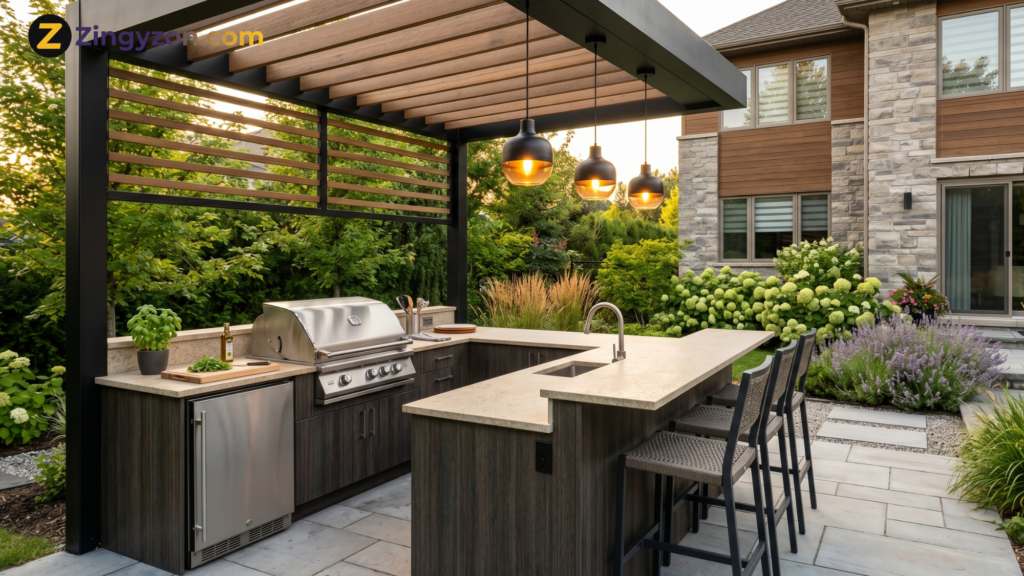 Modern outdoor kitchen with built-in grill, stone countertops, storage cabinets, seating, and warm patio lighting
