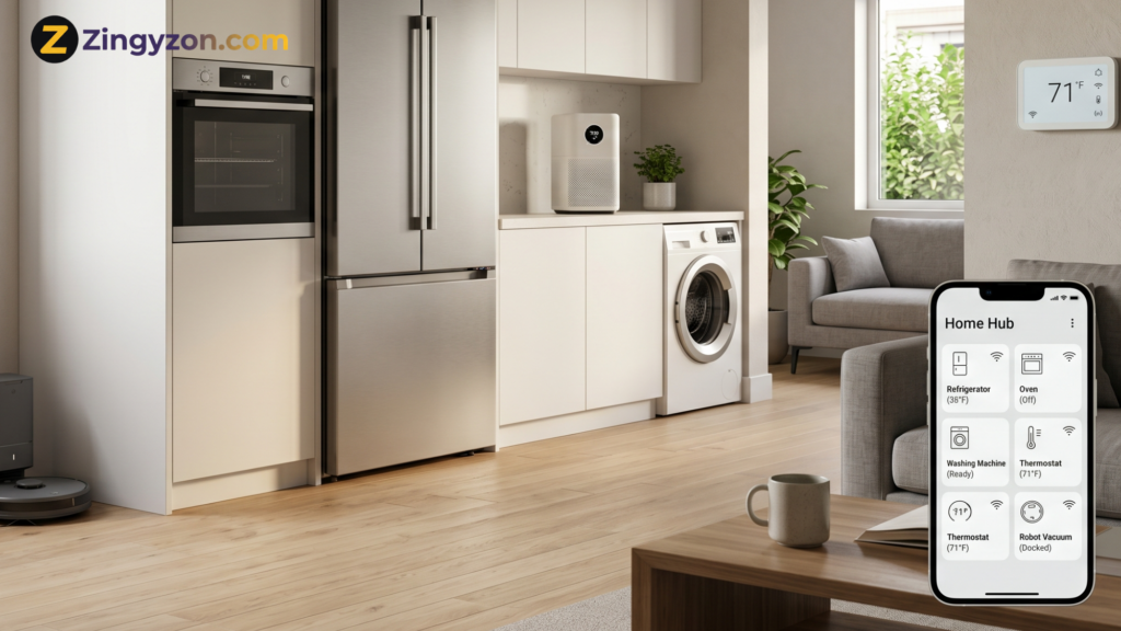Useful smart appliances arranged inside a stylish connected modern home