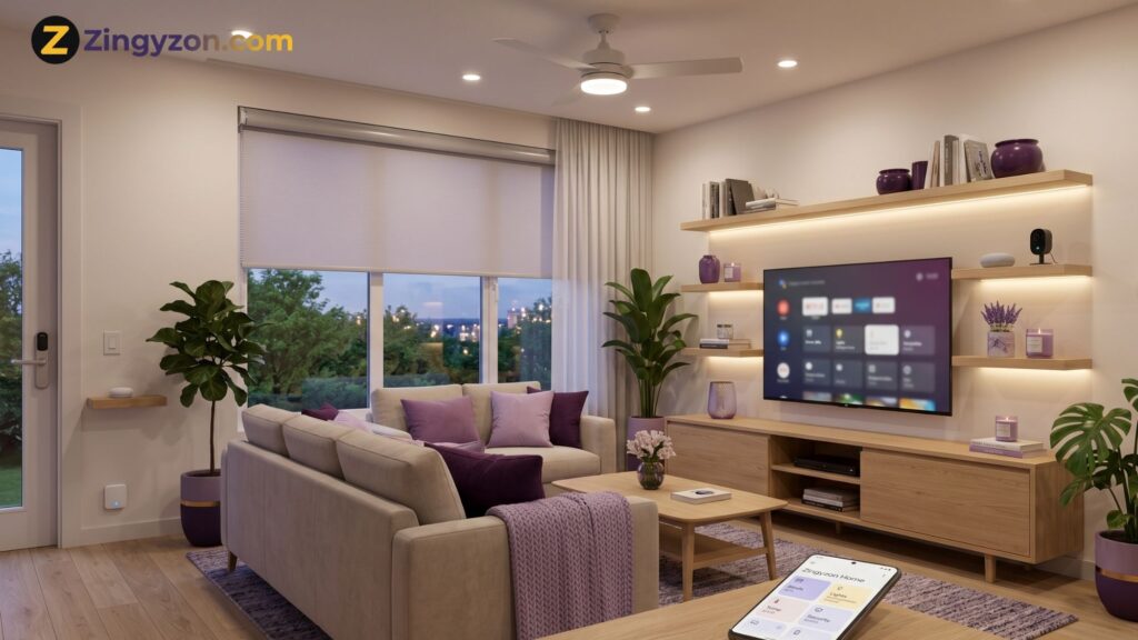 Smart home automation ideas with app-controlled lighting, thermostat, security sensor, smart blinds, and modern living room technology.