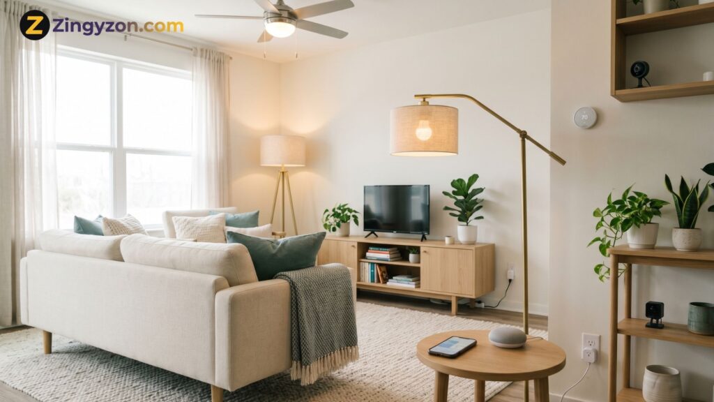 Smart home devices for beginners in a modern living room with lights, thermostat, speaker, camera, and phone control
