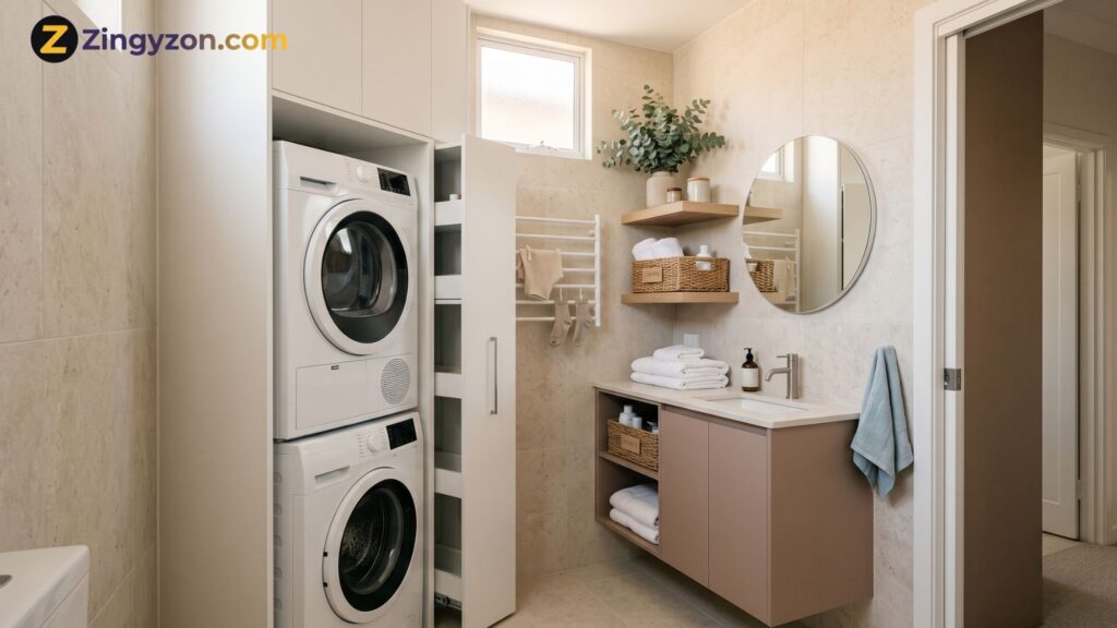 Small bathroom laundry room with stacked washer dryer, shelves, baskets, towels, and space-saving storage ideas.